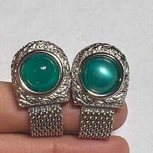 Vtg Swank Green Moonglow Lucite Cat's Eye Silver Tone Mesh Wrap Cufflinks MCM